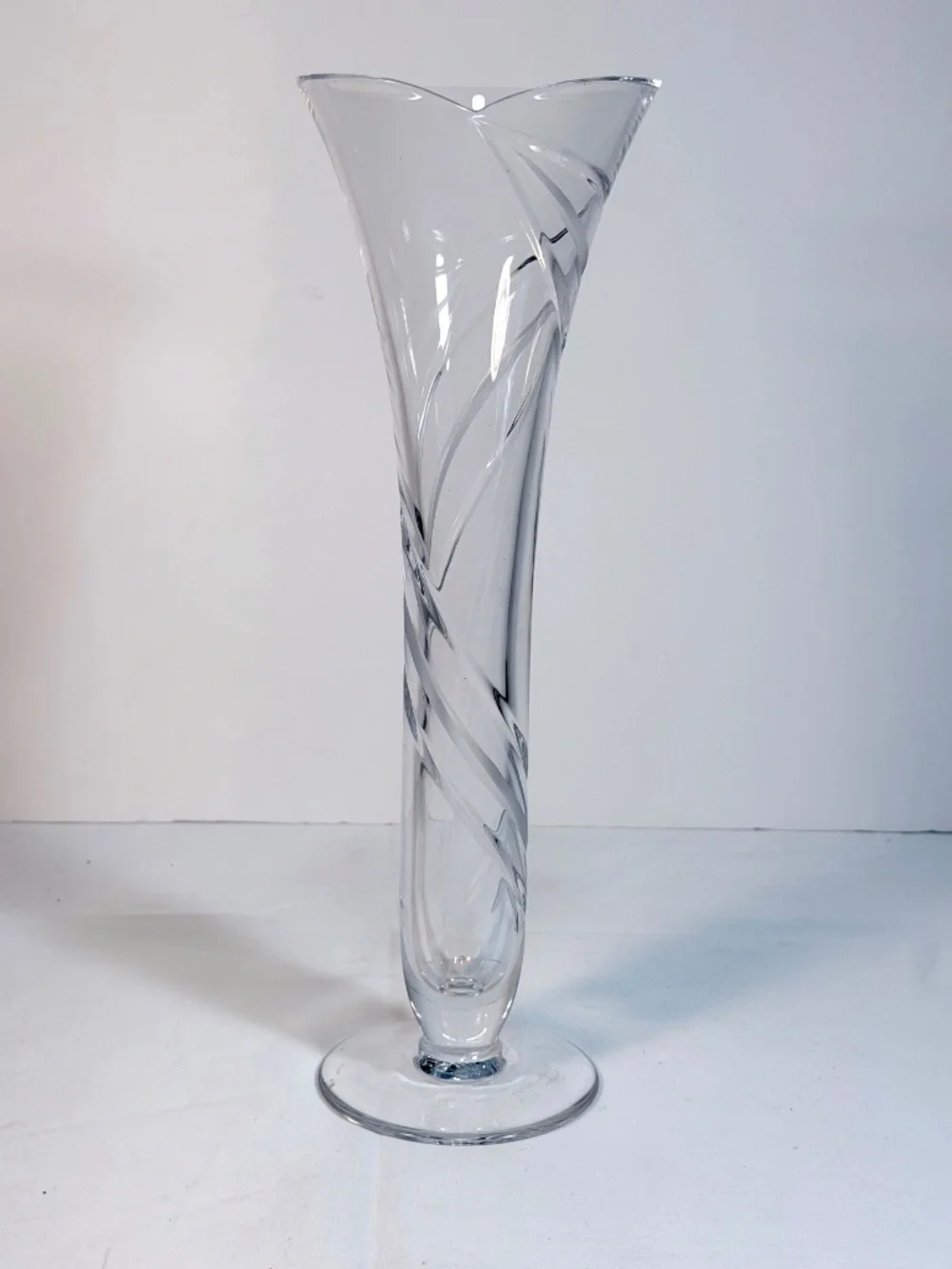 Rogaska Crystal Trumpet Vase Etched Spiral Swirl w/ Small Lip 12